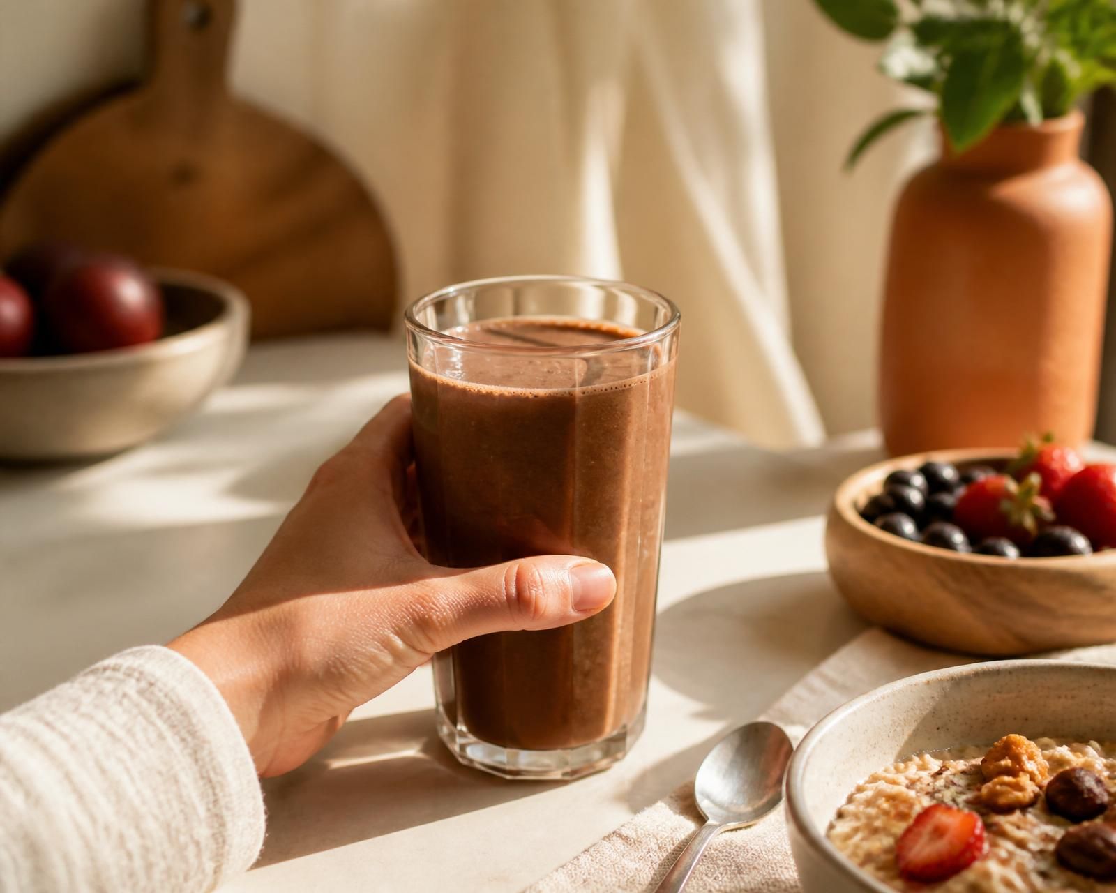Hands holding a cocoa smoothie at a sunlit breakfast table